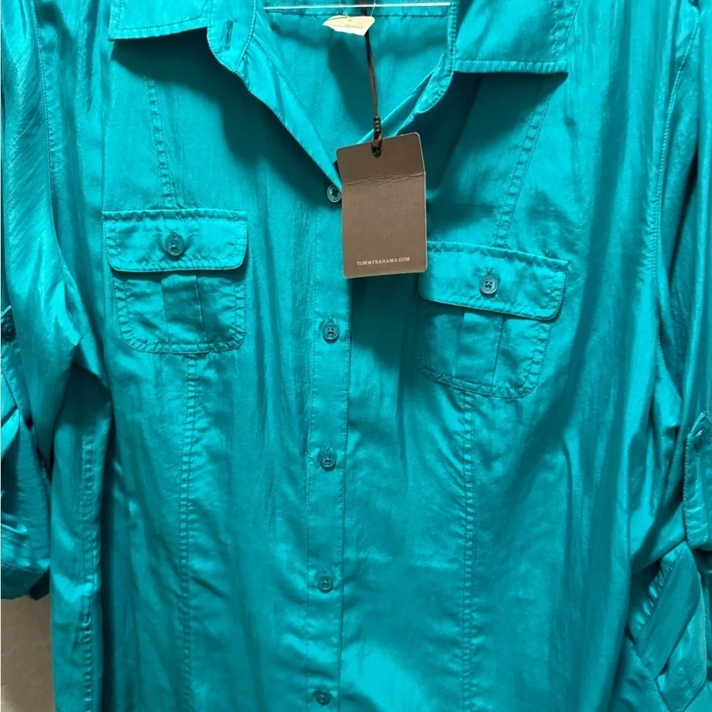 Tommy Bahama Turquoise Button-Down Shirt 100% Silk Size XL